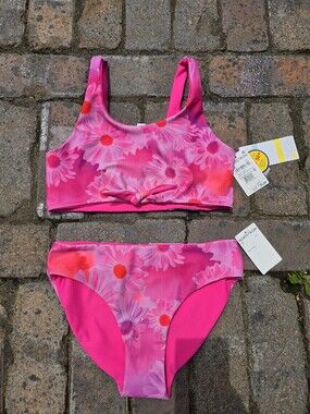 Zella Girls Hot Pink And Floral Reversible Bikini NWT Size 12 Swim Beach Pool